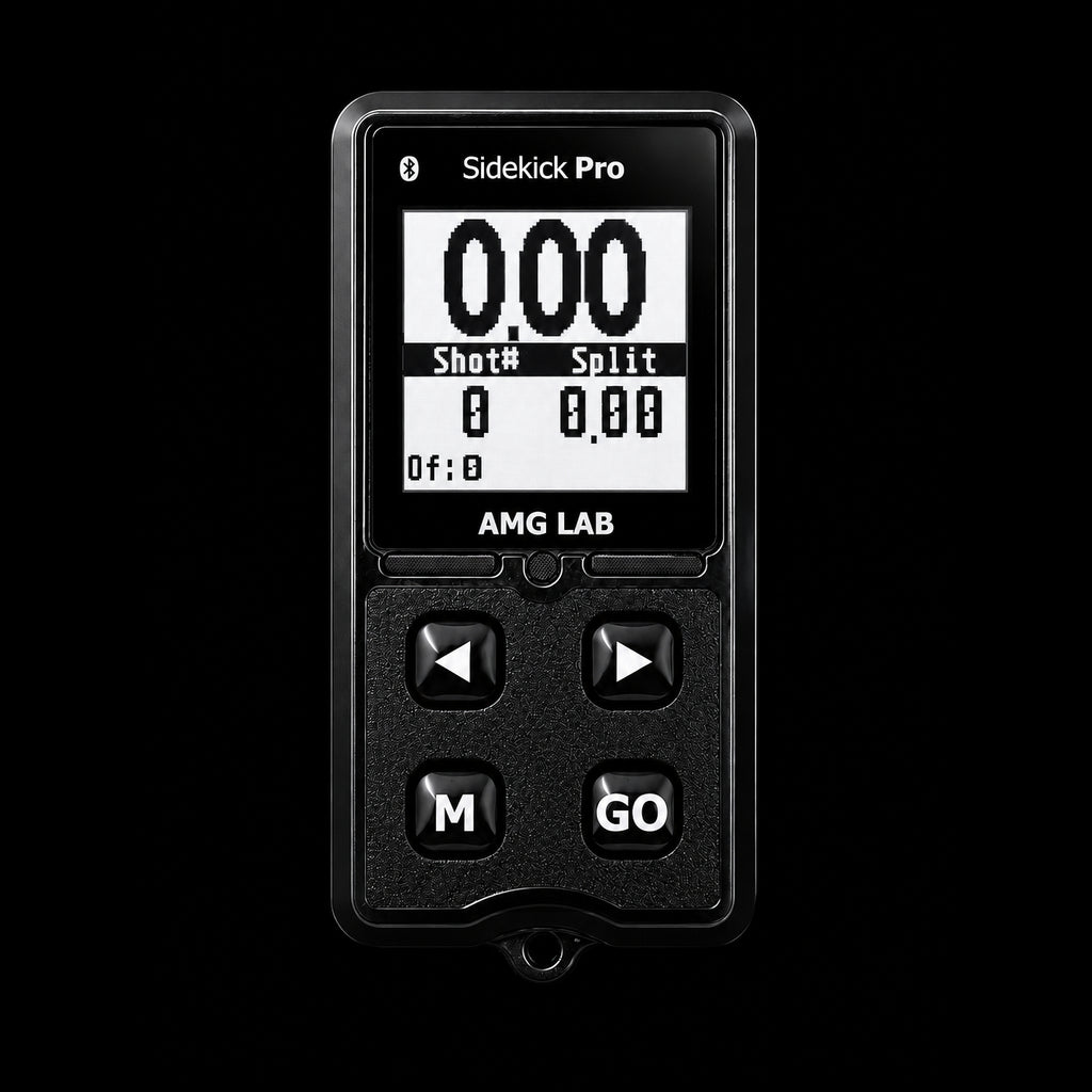 AMG Lab Sidekick Pro compact shot timer, front view showing graphical display and control buttons