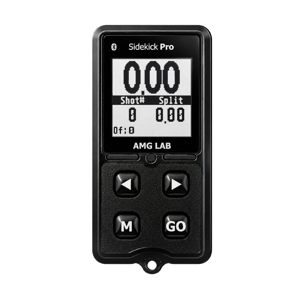 AMG Lab Sidekick Pro compact shot timer, front view showing graphical display and control buttons
